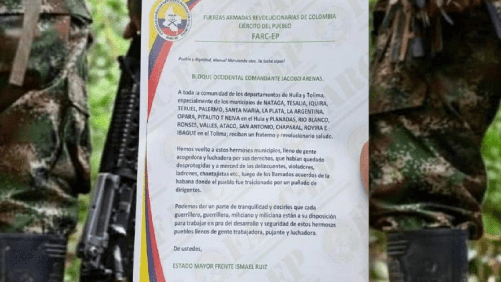 Aparecen panfletos que alertan sobre presencia de disidencias de las Farc en Tolima y Huila