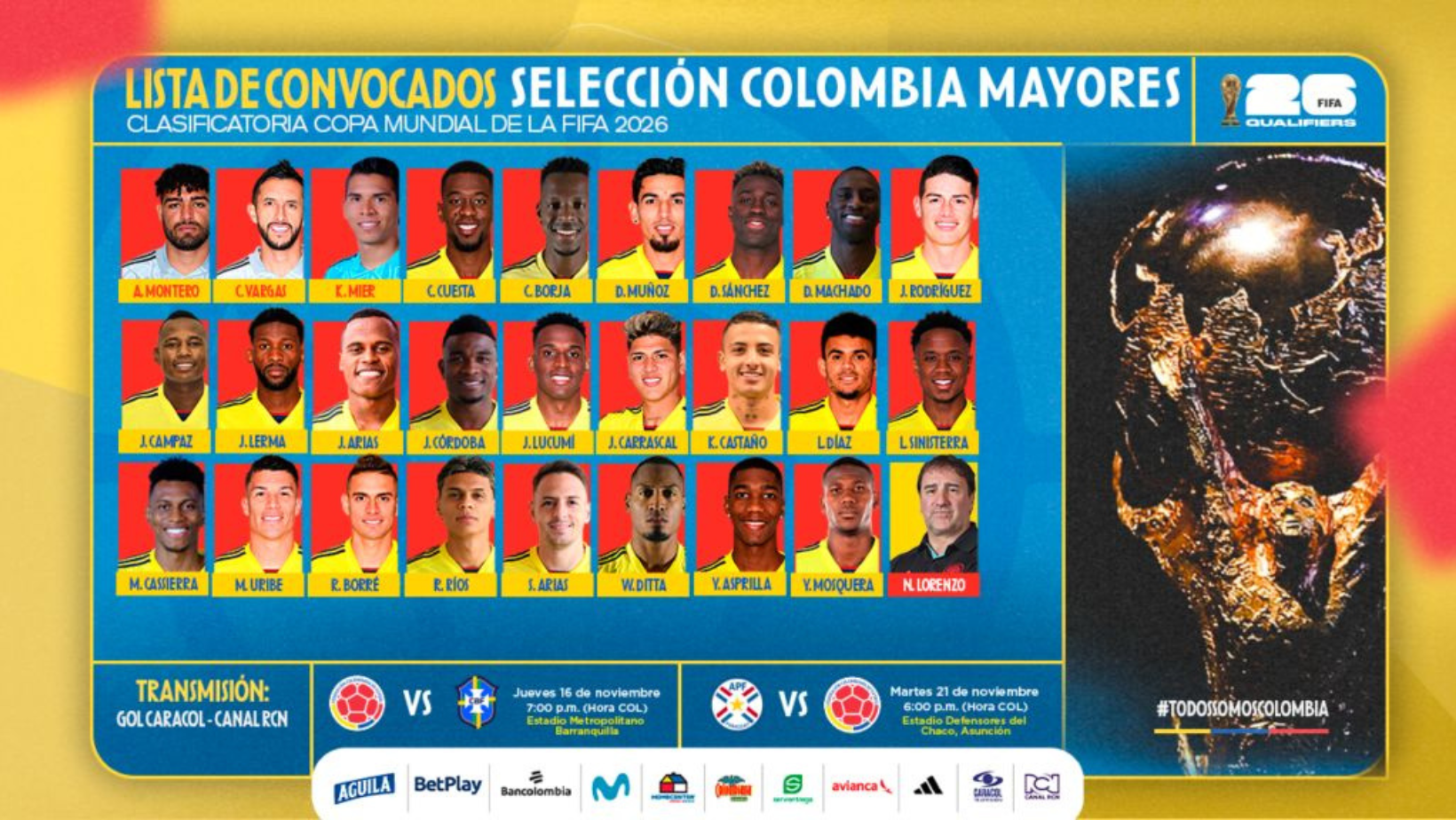 <em>¡Ya están listos! Esta es la convocatoria de la Selección Colombia para enfrentar a Brasil y Paraguay</em>