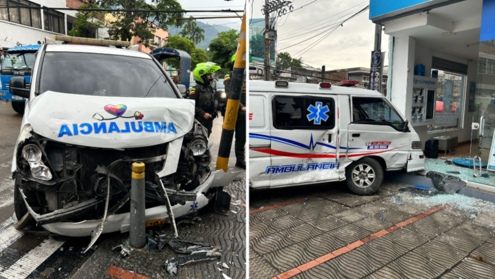 Fuerte colisión entre ambulancias causa daños a local comercial en el centro de Ibagué