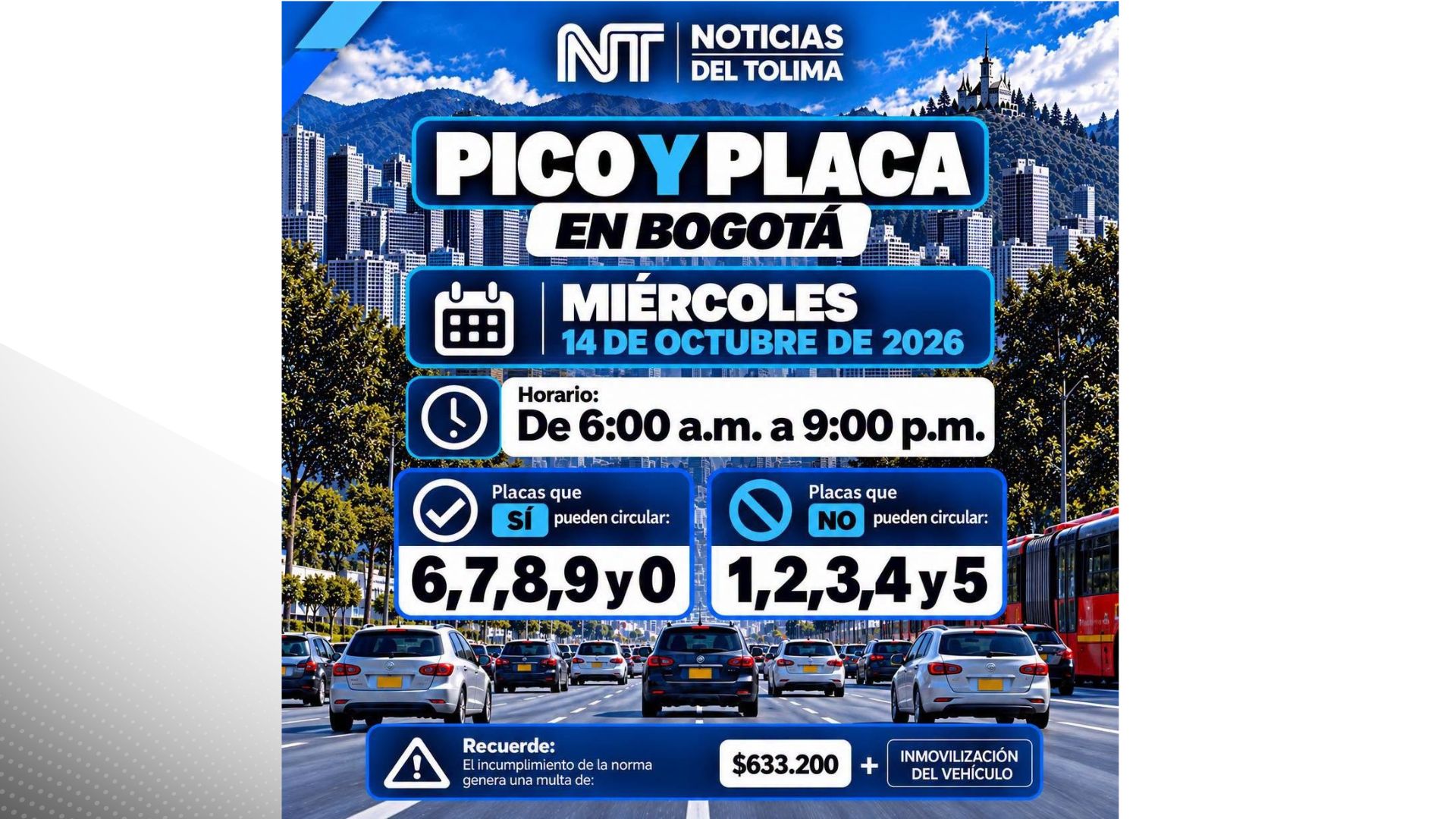 Este es el pico y placa para hoy en Bogotá