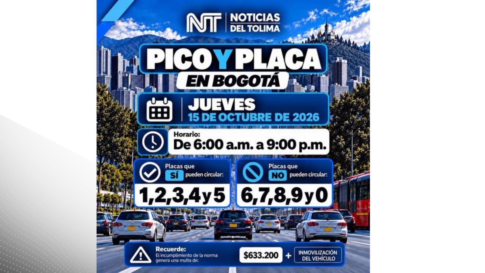Este es el pico y placa para hoy en Bogotá